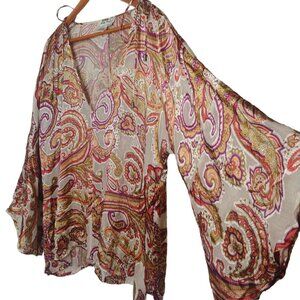 Ulla Popken Womens Plus 20 22 Blouse Brown Paisley Bell Slv Rayon Silk V Neck